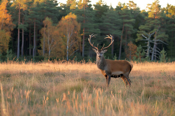 a wild deer in the autumn standing in a grass field looking at the camera