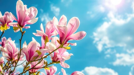 Wall Mural - Pink magnolia blossoms under sunlight with trendy pink hue against blue sky in a spring backdrop