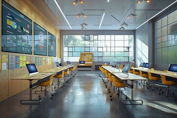 Fototapete - A contemporary classroom with interactive panels, AI assistants, and modern furniture designed to enhance the learning experience. Generative AI