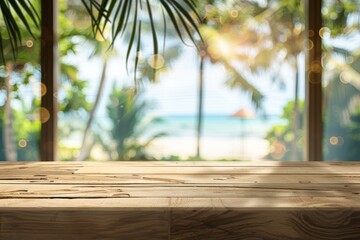 Wall Mural - The Product Display stand contains a blank white wood table top and a blurred sea sand and palm leaf background.