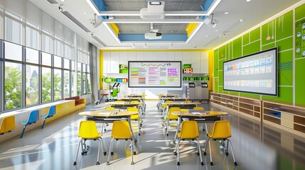 Fototapete - A contemporary classroom with interactive panels and AI assistants, designed for an engaging learning experience. Generative AI