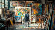 © Vladimir - A contemporary artist is making art in his studio workshop. Abstract paintings stand on the floor and hang on the walls. Creative activit