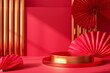 © Maxim Borbut - Mockup for product display advertisement 3D rendering background adorned with yellow 3D podium and red china fans