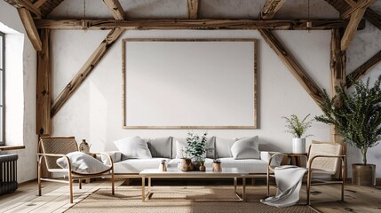 Blank poster frame on a wall in a rustic living room with wooden beams and furniture