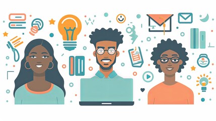 Online education and graduation concept. Vector flat design people illustration set. African nale and female teacher with student character. Book, laptop, lightbulb, prize symbol