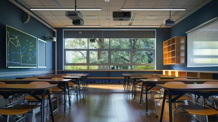 Fototapete - A spacious and modern classroom with interactive panels and ample natural light streaming in from large windows. Generative AI