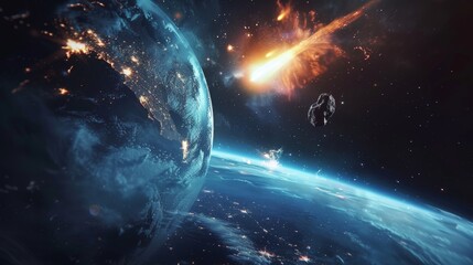 Wall Mural - earth and burning comet in space. giant meteor descending on earth. realistic rendering of a meteori