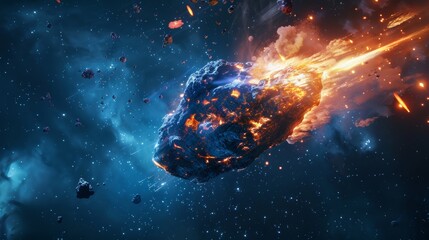 Wall Mural - an asteroid, comet or meteor in space with a fire trail. a meteorite fireball or a star falling towa