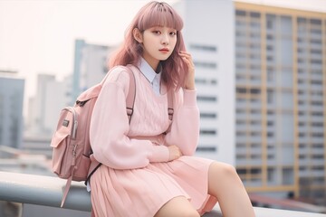 Asian girl is wearing a sweater with a matching skirt, accompanied by a pink backpack. Her pink hair flows down, and she exudes a fashionable sense of style. Fashion teenage model. Teen outfit