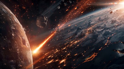 Wall Mural - an approaching giant asteroid threatens the earth in the background of this 3d rendering.