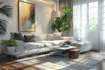 Aufkleber - A spacious, airy living room with a white sectional sofa, large windows, and modern decor. The room is bathed in natural light, creating a welcoming and inviting atmosphere. Generative AI