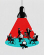 © master1305 - Brainstorming in coworking space. Group of employees, colleagues working on project together under lamp element. Ideas. Contemporary art collage. Concept of business, career, teamwork