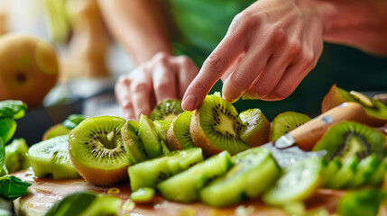 Person enjoying a kiwi  preparing a meal snack