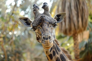 Wall Mural - A male giraffe with bend horns front view portrait of face head and part of neck. This giraffe has darker hair due to older age