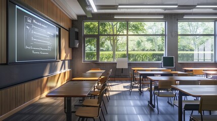 Leinwandbilder - A contemporary classroom with interactive panels and AI assistants, creating an inviting learning environment for students. Generative AI