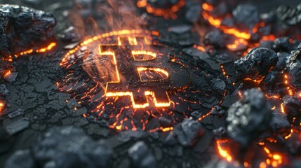 Poster - Cryptocurrency concept of burning Bitcoin in hot lava