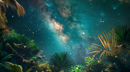 Wall Mural - foliage plants displayed against a mesmerizing backdrop of stars and galaxies,