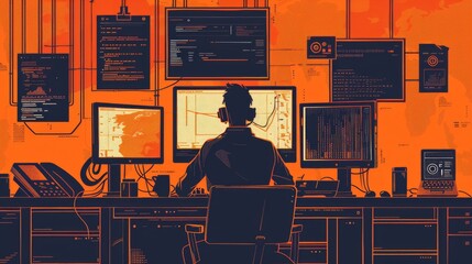 Poster - An astronaut surveillance officer assigned to a central office hub managing humanity's security through cyber control and monitoring,