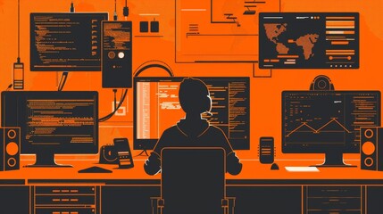 Poster - Astronaut surveillance officer working on a city tracking operation in a center for cyber control and monitoring.