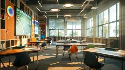 Poster - A contemporary classroom with interactive panels and AI assistants, offering an engaging learning experience. The spacious room features natural light and modern furniture. Generative AI