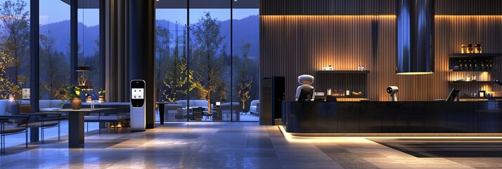 Poster - An AI-powered robot interacts with customers at a modern restaurant or hotel lobby, enhancing service quality and creating a futuristic dining experience. Generative AI