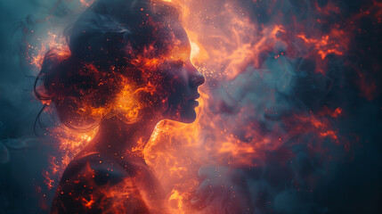 A digital painting depicting a womans profile engulfed in swirling flames, highlighting the ethereal beauty of a burning spirit