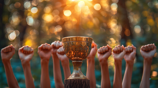 a gold trophy is held aloft in front of a group of raised fists, silhouetted against a warm sunset b