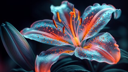 Wall Mural -  radiant lily bloom with striking blue and orange hues, highlighting its intricate details and beauty.