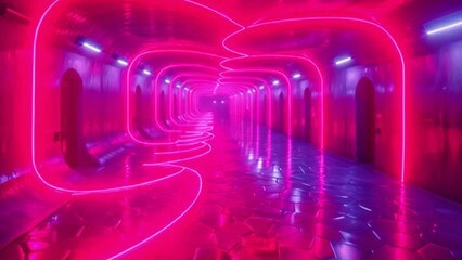 Wall Mural - This long hallway with pink neon lights and a reflective floor. Laser tag arena