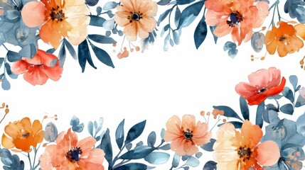 A watercolor painting of a floral frame with peach and blue flowers.