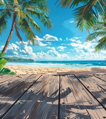 Wall Mural - Fine fine sandy beach with blurred sea, sun, sky, and clouds background with wooden table top and empty space for product advertisement Montage of summer relaxation