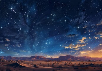 Wall Mural - against an abstract background, a sunset sky and stars are illuminated by the milky way
