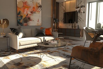 Aufkleber - This recently renovated living room has modern furniture, stylish decor, and a harmonious color scheme. Its bright, inviting, and showcases a successful home renovation. Generative AI