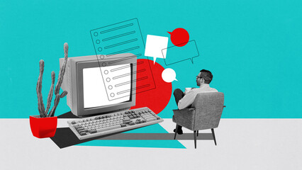 Businessman in suit sitting in armchair and looking on computer monitor with to do list, plans and strategies. Contemporary art collage. Concept of business, career, work from home, freelance