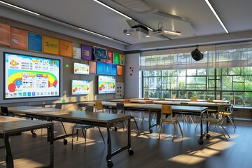 Fototapete - A contemporary classroom with interactive panels and AI assistants for enhanced learning. The space is bright and inviting with modern furniture and large windows. Generative AI