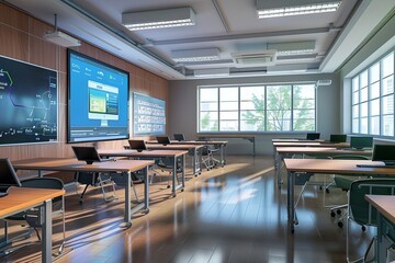 Aufkleber - A modern classroom setting with interactive panels, AI assistants, and desks with laptops, creating a dynamic and engaging learning environment. Generative AI