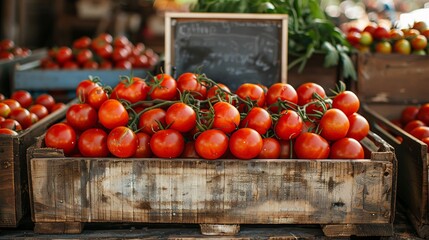 Wall Mural -  a wooden box full of tomatoes. on the box there is a blank whiteboard to write prices. 