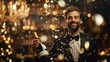 © Raul - Joyful man celebrating with champagne in a festive atmosphere, surrounded by golden confetti and sparkling lights.