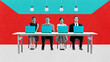 © master1305 - Co-working space. Business People, men and women sitting at table and working on laptop remotely. Comfort space. Contemporary art collage. Retro style design. Concept of business, career