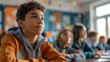 © AIRina - Curly-Haired Boy Attentively Listening in a Colorful Classroom Setting - Captivating Portrait of a Young Student in a Learning Environment