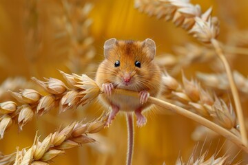 Wall Mural - A tiny little harvest mouse balancing between the wheat looking at the camera.
