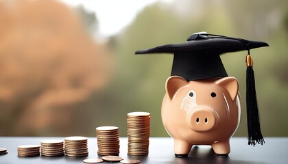 Business finance saving banking investment education concept. Piggy Bank with Black Graduation Hat with coins