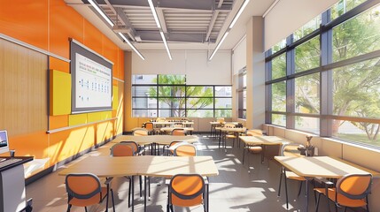Fototapete - A bright, modern classroom with interactive panels and AI assistants, designed to enhance the learning experience for students. Generative AI