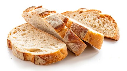 Freshly baked sourdough bread slices on a white background. Perfect for your homemade bakery needs.