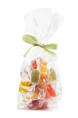 Wall Mural - Assorted jelly candies in transparent bag, isolated on white background.