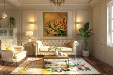 Aufkleber - A stylishly renovated living room featuring a comfortable white sofa, an armchair, and a coffee table set on a patterned rug. Generative AI