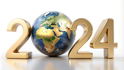2024, New Year's date, numeral, authored by an unknown English tool, the Golden Planet Earth, isolated on white, - 3D illustration.



