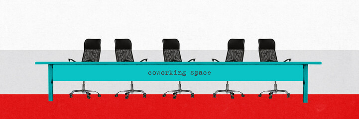Wall Mural - Coworking space. Desk with chairs symbolizing comfortable space for employees and students. Convenient online work and study. Contemporary art collage. Concept of business, career