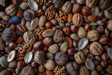 Wall Mural - Assorted nuts with shells forming a rustic background