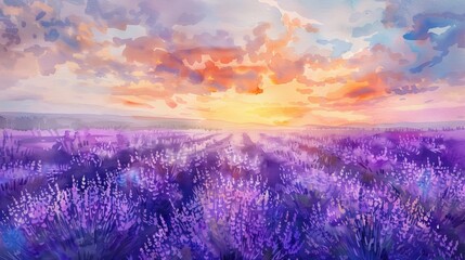 Wall Mural - watercolor painting of a lavender field at sunset